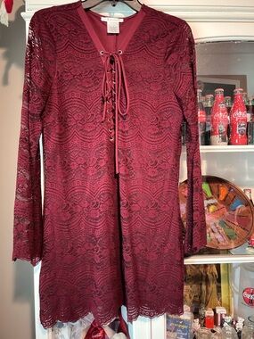 K Jordan Burgundy Lace Lace-Up Tunic Blouse